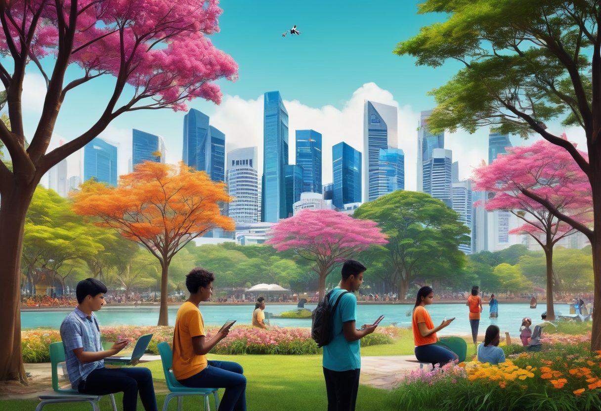 A vibrant and bustling Singapore cityscape showcasing diverse communities, with people of different ethnic backgrounds using digital devices in a park. Overlay graphic elements representing social media icons and digital communication pathways. Incorporate elements of nature, like trees and flowers, highlighting harmony between technology and community. Capture a sense of connectivity and engagement among people. colorful. urban illustration. digital art.