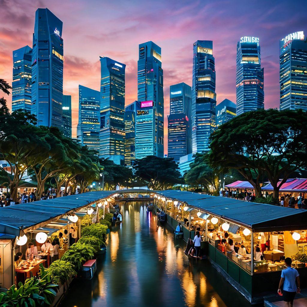 A bustling Singapore cityscape blending modern skyscrapers with lush greenery, featuring people using the latest tech gadgets. Include a vibrant street market scene showcasing local lifestyle trends with colorful food stalls and fashion displays. The skyline should be lit with a sunset glow, symbolizing innovation and culture in harmony. super-realistic. vibrant colors. dynamic composition.