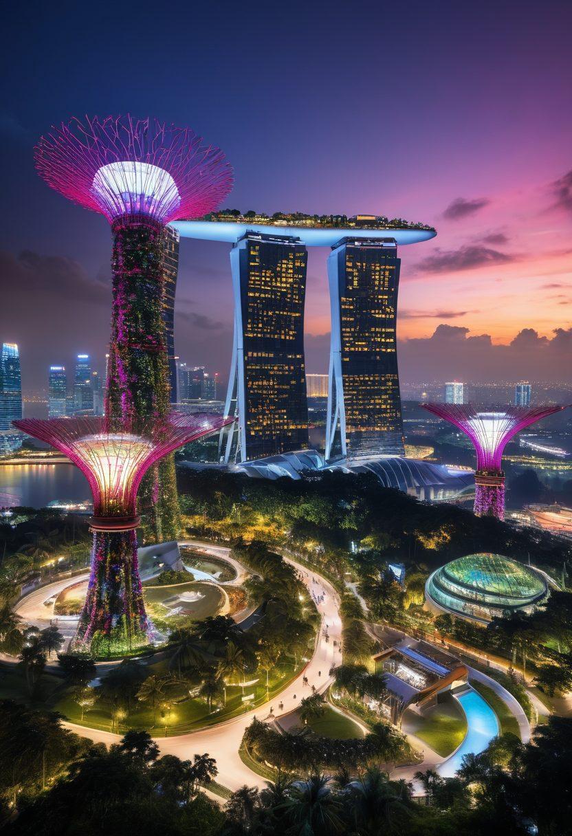 A vibrant skyline of Singapore featuring iconic buildings like Marina Bay Sands and the Gardens by the Bay, intertwined with symbols of technology such as drones and smart devices. A diverse group of people from various backgrounds engaging in community activities in a lush park setting, showcasing tech-based living. Bright colors and an inviting atmosphere highlighting the harmony between lifestyle and innovation. super-realistic. vibrant colors. white background.